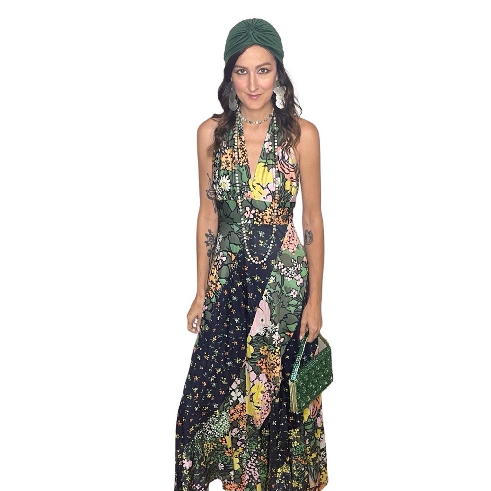 Vintage Floral Halter Maxi Dress | 70s Boho Patchwork | Retro Garden Party Gown